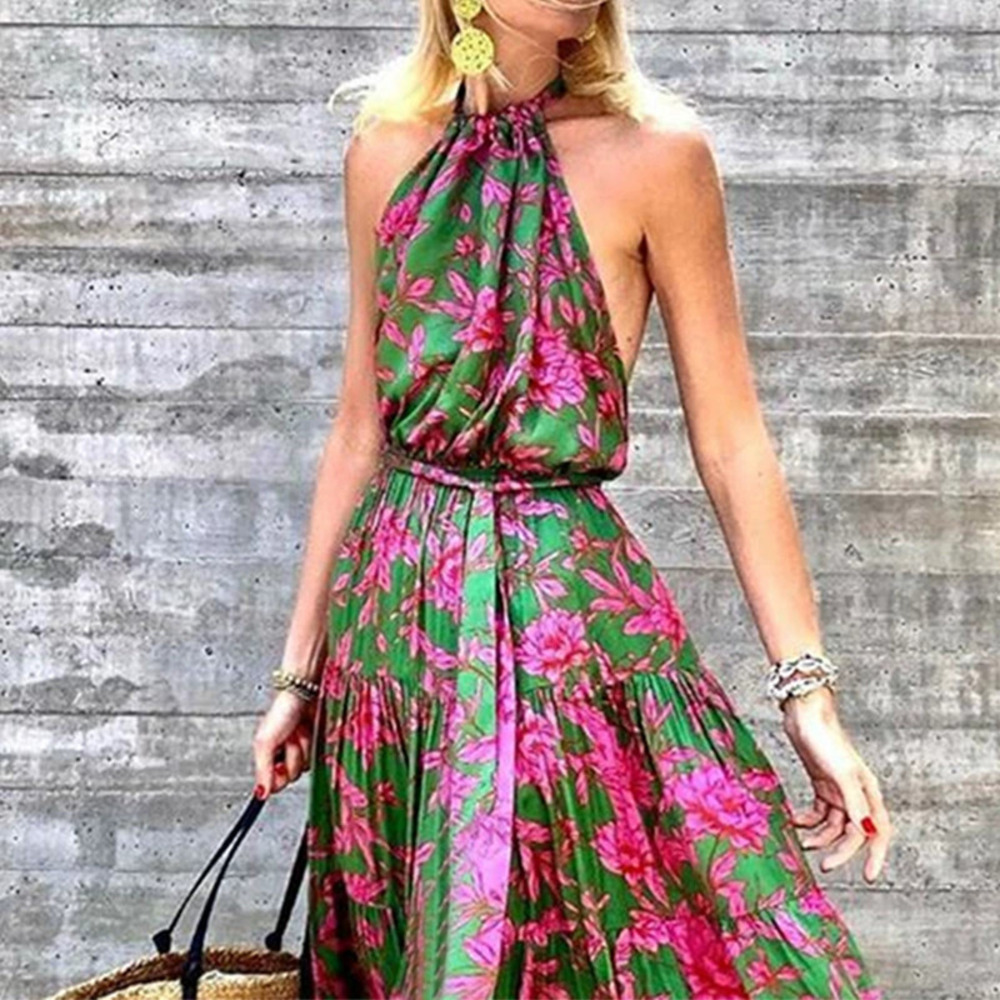 ZARA Summer New Fashion Halter Sexy Backless Printed Swing Maxi Dress